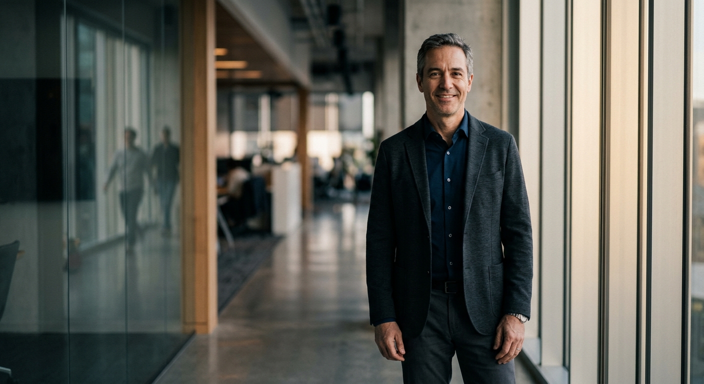 A financial advisor standing in a bright, modern office hallway