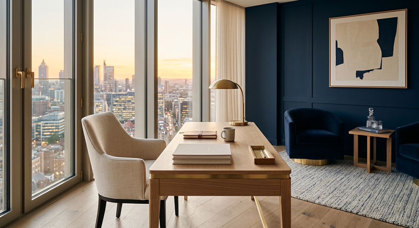 A quiet advisor office with a city skyline view