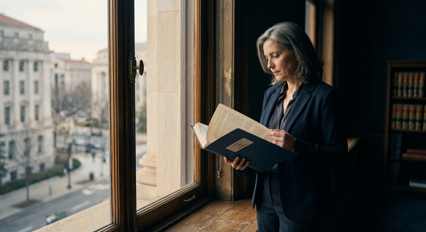 A federal professional studying a benefits dossier by a Capitol-district window